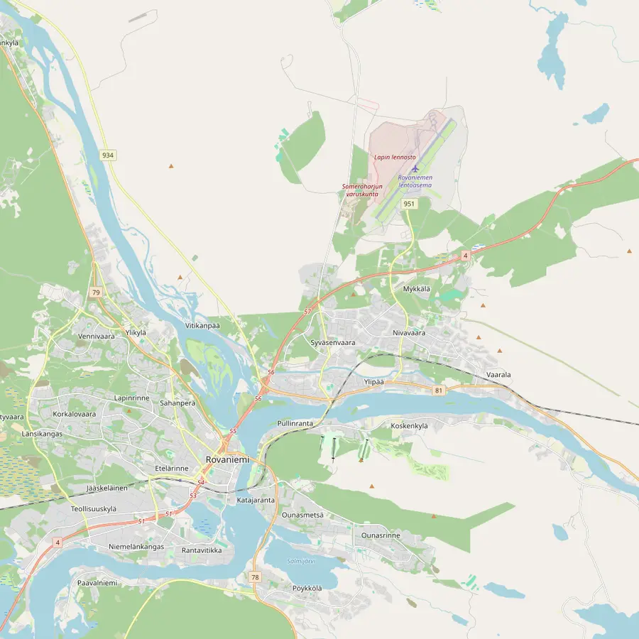 Mapa de Rovaniemi com o centro, Arktikum, o aeroporto e a aldeia do Pai Natal